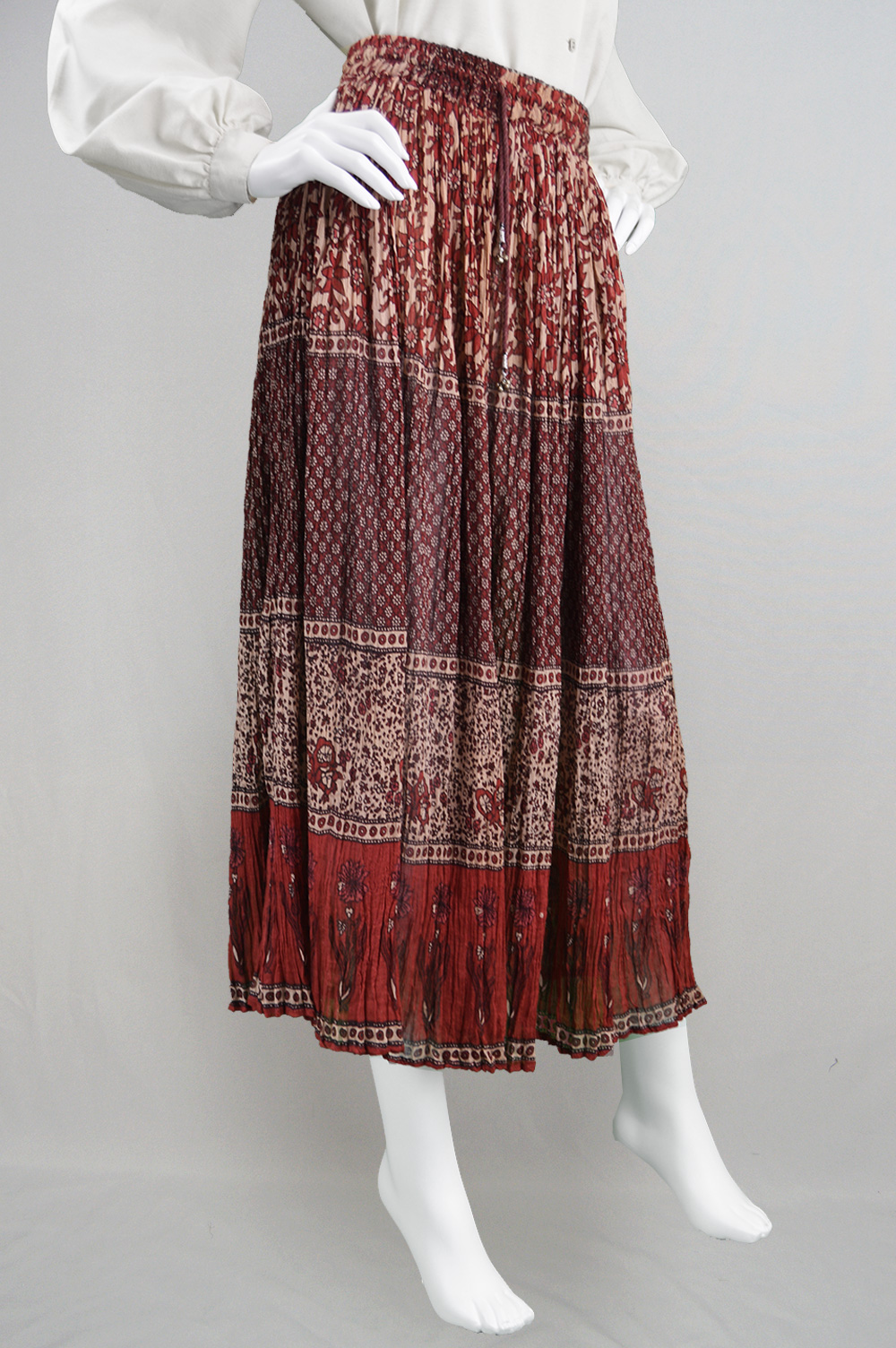 Vintage 70s Indian Cotton Skirt Gauze Boho Crinkle Sheer Made in India