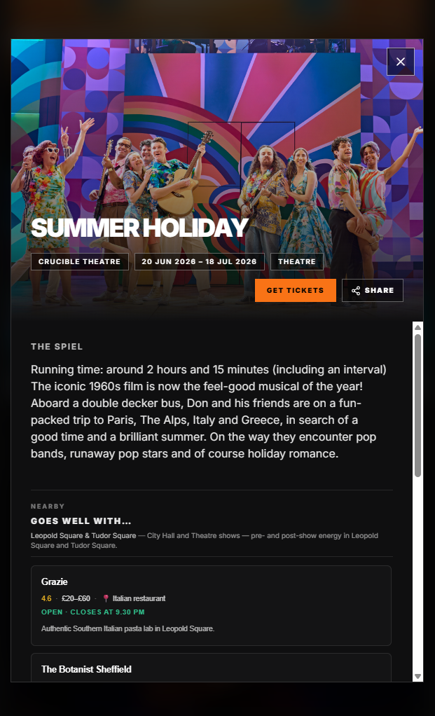 Sheffield Scene mobile event detail page for Summer Holiday at Crucible