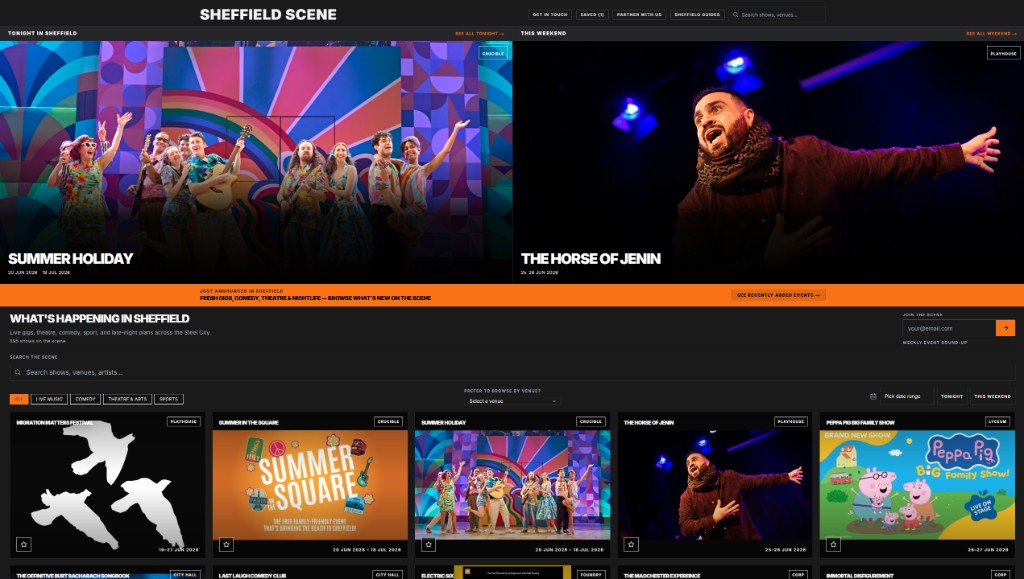 Sheffield Scene homepage showing tonight and weekend events across Sheffield venues