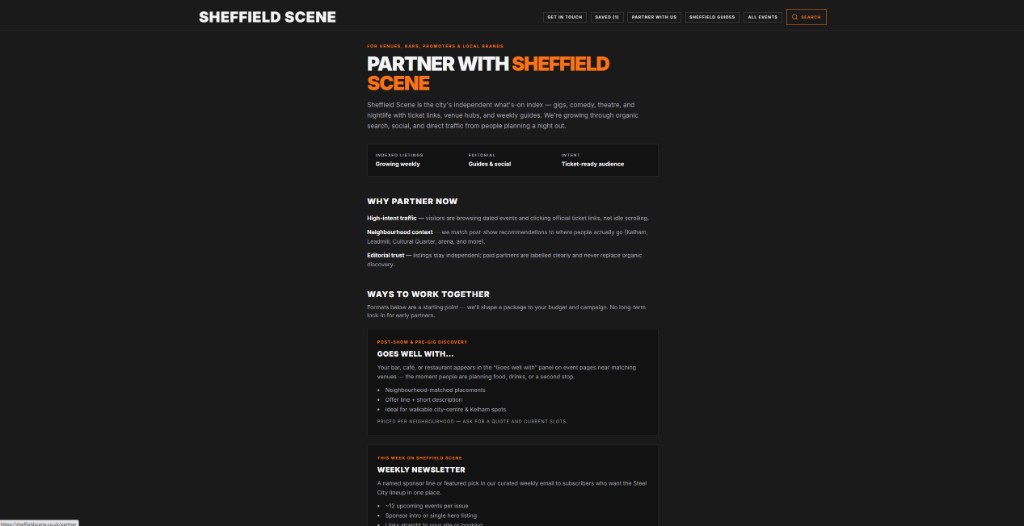 Sheffield Scene partner page for venues bars promoters and local brands