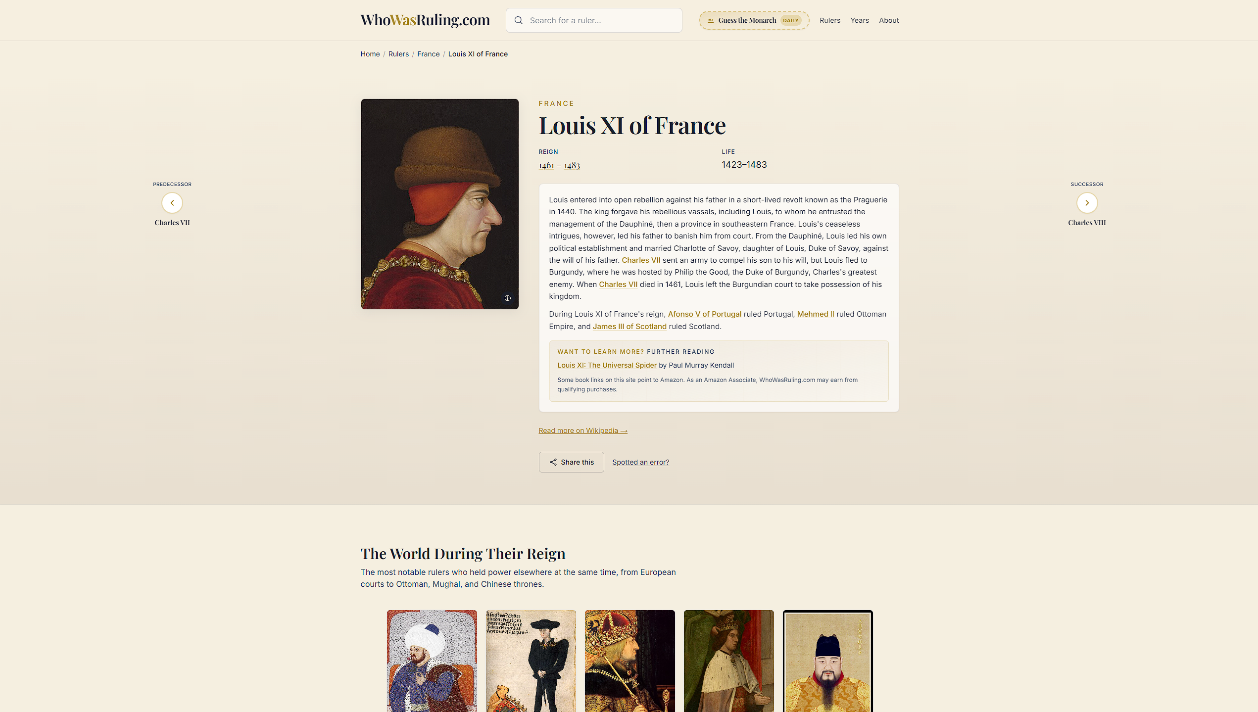 Louis XI of France ruler profile on WhoWasRuling.com