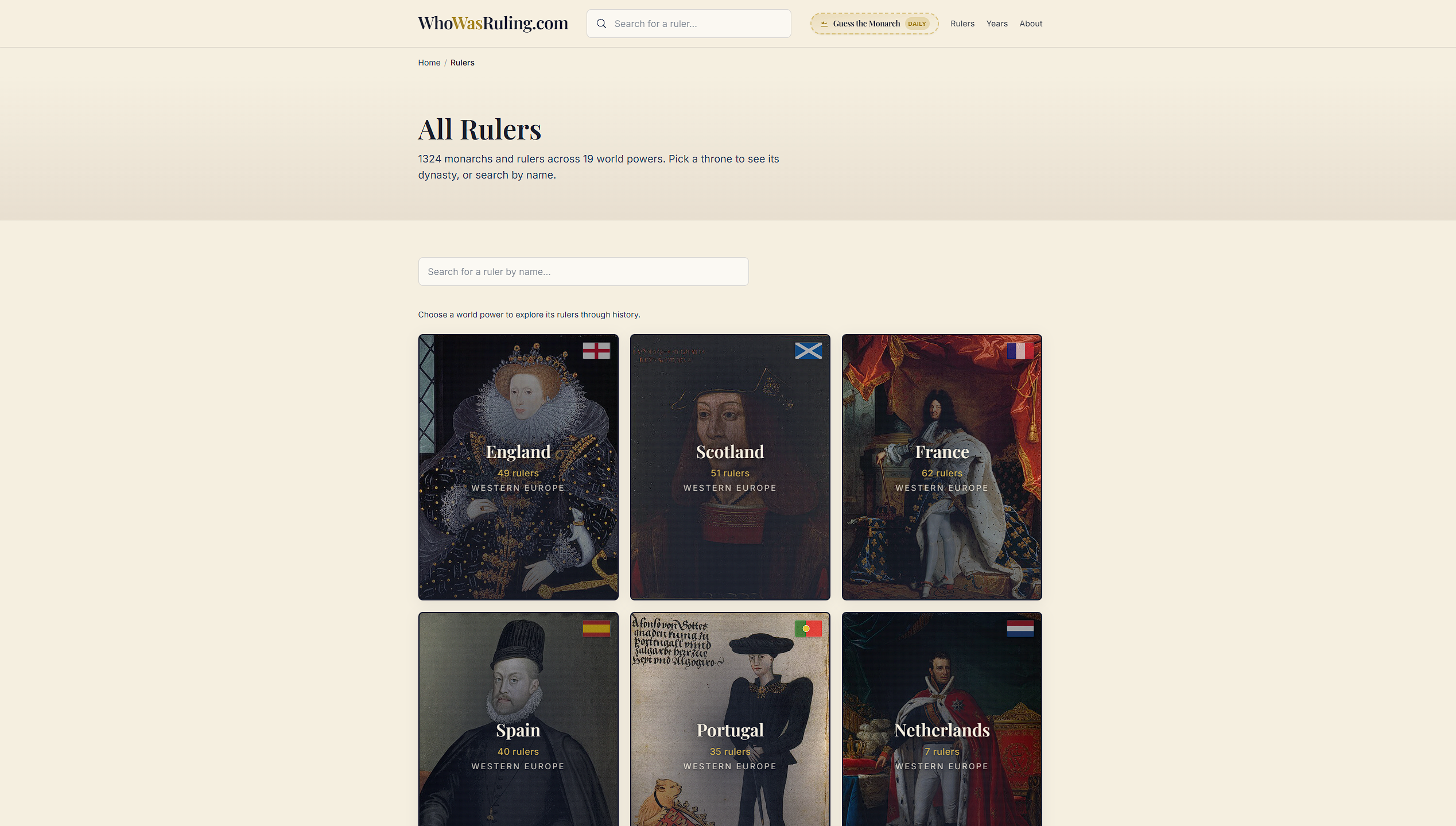 All rulers index with world power cards on WhoWasRuling.com